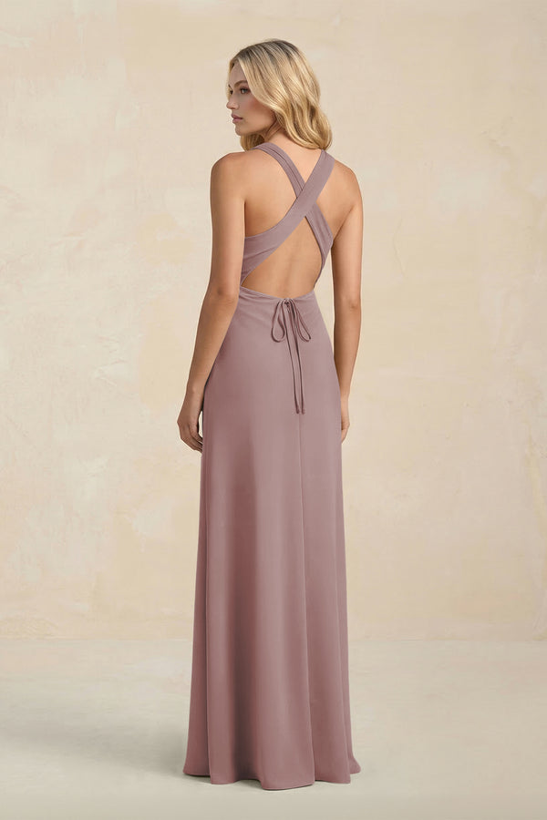 High Neck Sheath Chiffon Bridesmaid Dress in Dusty Rose (2) | KISSBRIDAL