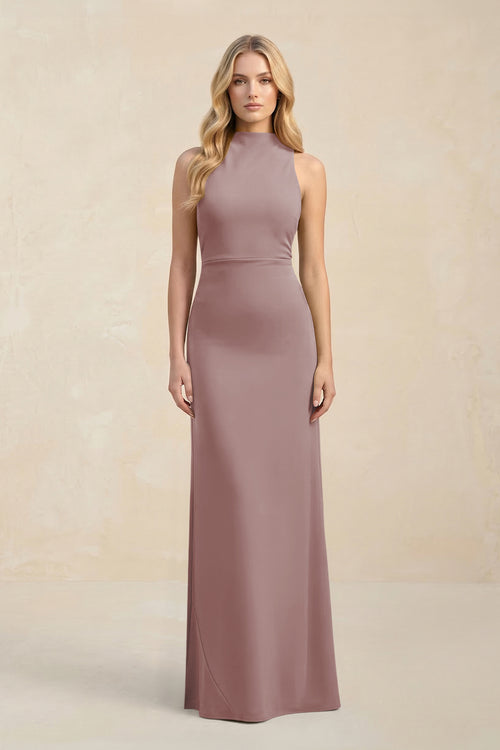 High Neck Sheath Chiffon Bridesmaid Dress in Dusty Rose | KISSBRIDAL