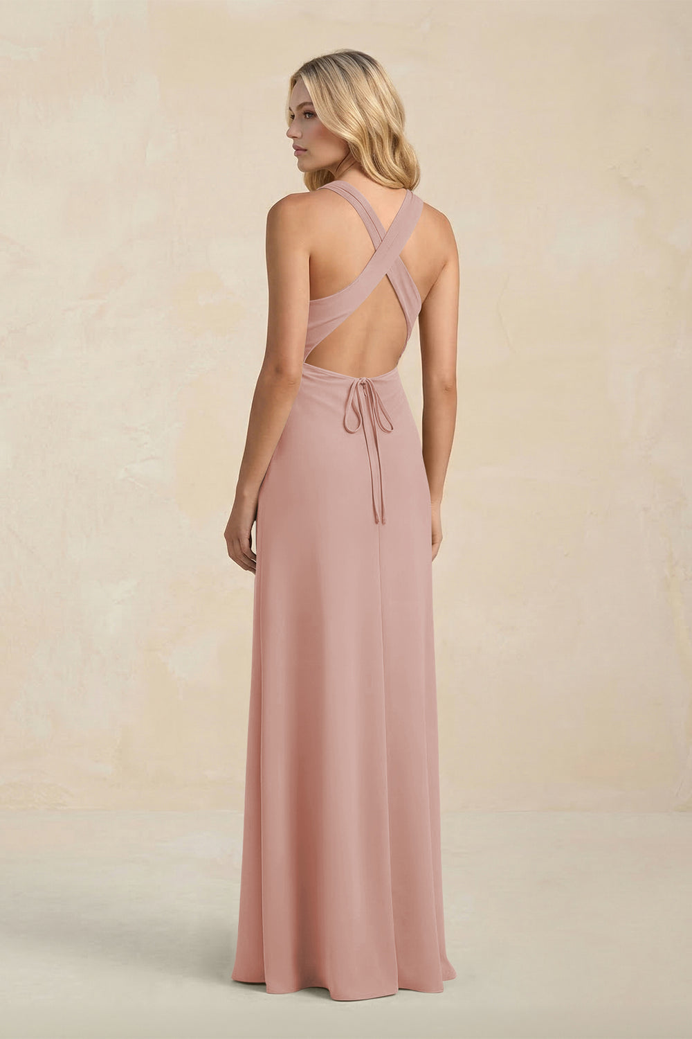 High Neck Sheath Chiffon Bridesmaid Dress in English Rose