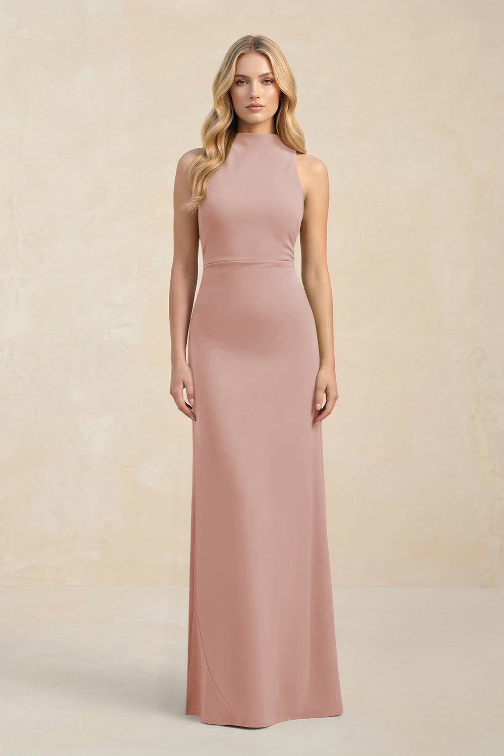 High Neck Sheath Chiffon Bridesmaid Dress in English Rose