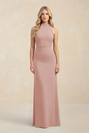 High Neck Sheath Chiffon Bridesmaid Dress in English Rose | KISSBRIDAL