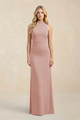 High Neck Sheath Chiffon Bridesmaid Dress in English Rose | KISSBRIDAL