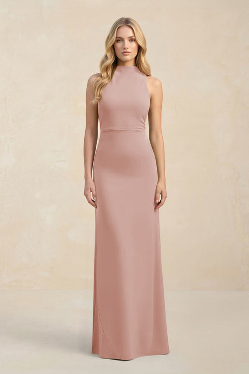 High Neck Sheath Chiffon Bridesmaid Dress in English Rose | KISSBRIDAL