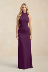 High Neck Sheath Chiffon Bridesmaid Dress in Fig | KISSBRIDAL