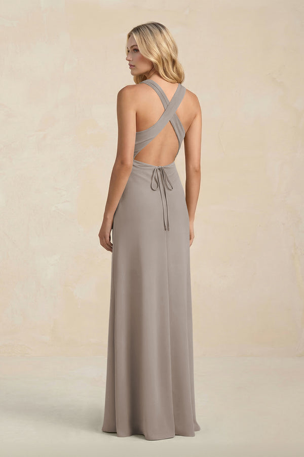 High Neck Sheath Chiffon Bridesmaid Dress in Frost (2) | KISSBRIDAL