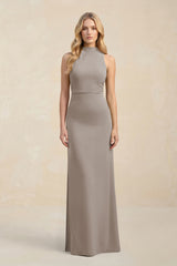 High Neck Sheath Chiffon Bridesmaid Dress in Frost | KISSBRIDAL