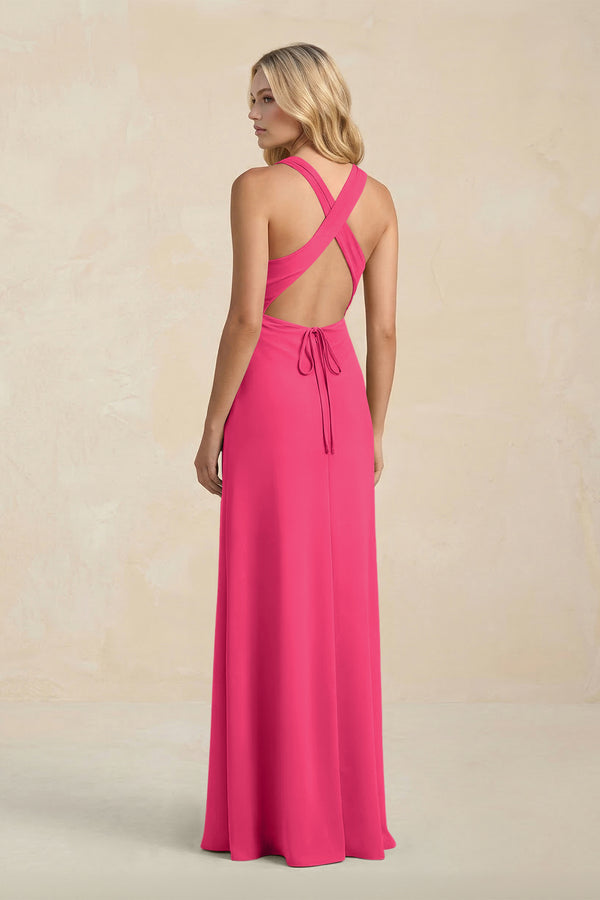 High Neck Sheath Chiffon Bridesmaid Dress in Fuchsia (2) | KISSBRIDAL