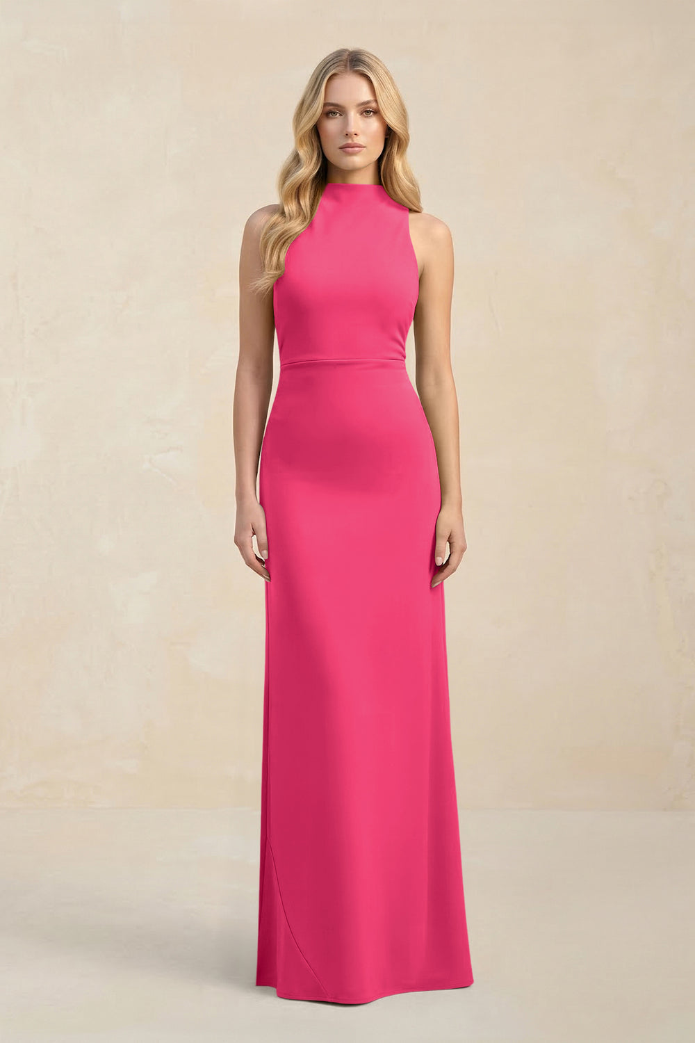 High Neck Sheath Chiffon Bridesmaid Dress in Fuchsia