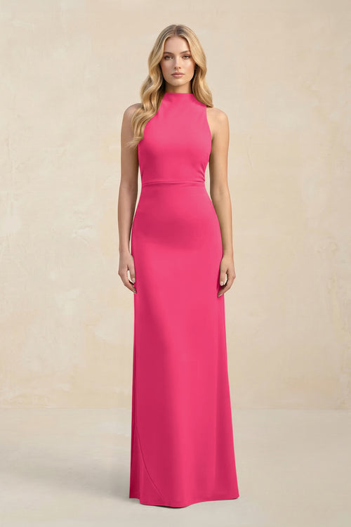 High Neck Sheath Chiffon Bridesmaid Dress in Fuchsia | KISSBRIDAL