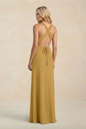 High Neck Sheath Chiffon Bridesmaid Dress in Marigold (2) | KISSBRIDAL