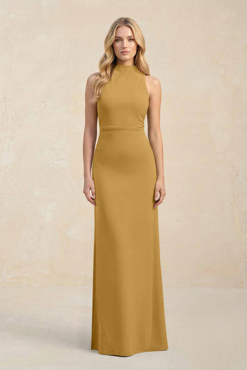 High Neck Sheath Chiffon Bridesmaid Dress in Marigold | KISSBRIDAL