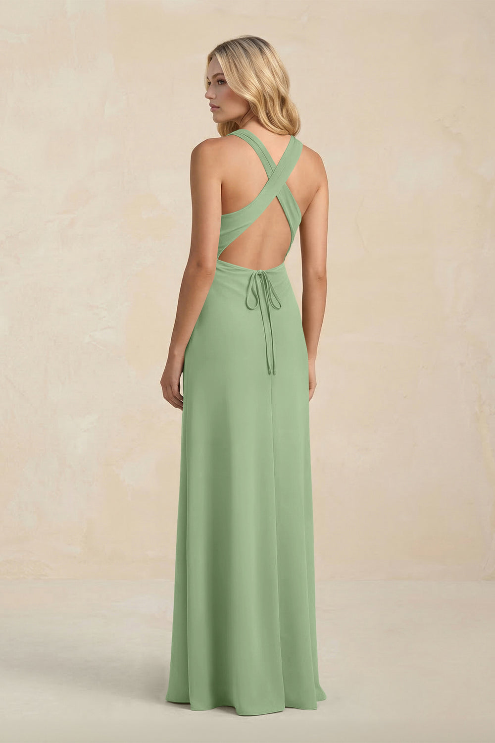 High Neck Sheath Chiffon Bridesmaid Dress in Matcha