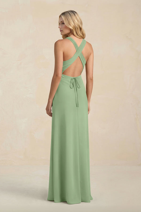 High Neck Sheath Chiffon Bridesmaid Dress in Matcha (2) | KISSBRIDAL