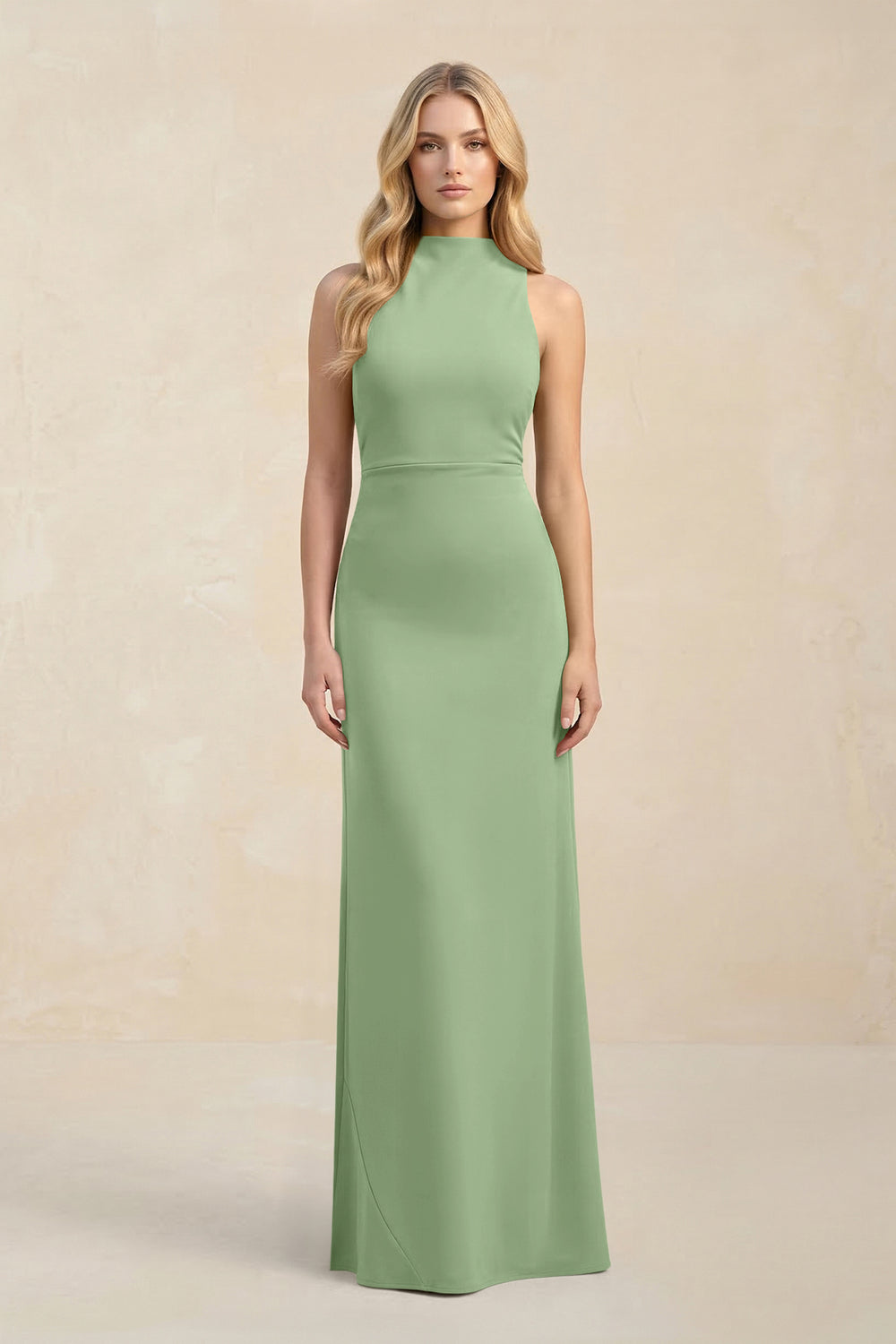High Neck Sheath Chiffon Bridesmaid Dress in Matcha