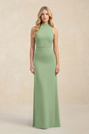 High Neck Sheath Chiffon Bridesmaid Dress in Matcha | KISSBRIDAL