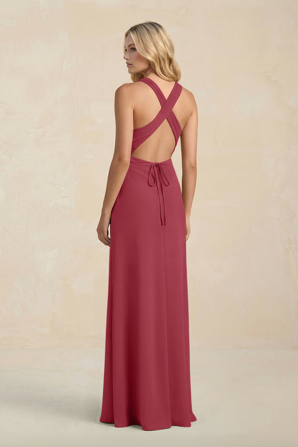 High Neck Sheath Chiffon Bridesmaid Dress in Merlot (2) | KISSBRIDAL