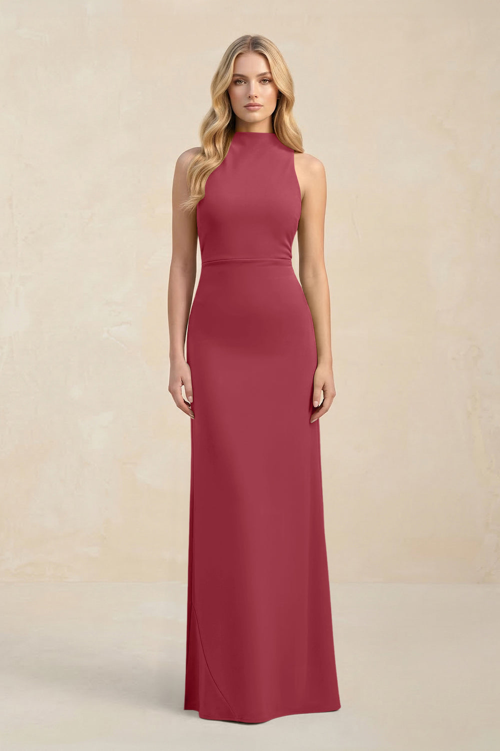 High Neck Sheath Chiffon Bridesmaid Dress in Merlot