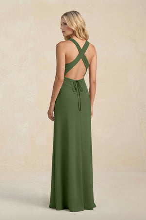 High Neck Sheath Chiffon Bridesmaid Dress in Moss (2) | KISSBRIDAL