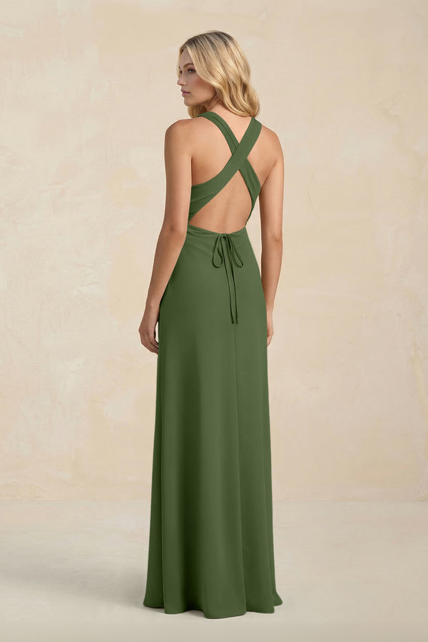 High Neck Sheath Chiffon Bridesmaid Dress in Moss (2) | KISSBRIDAL