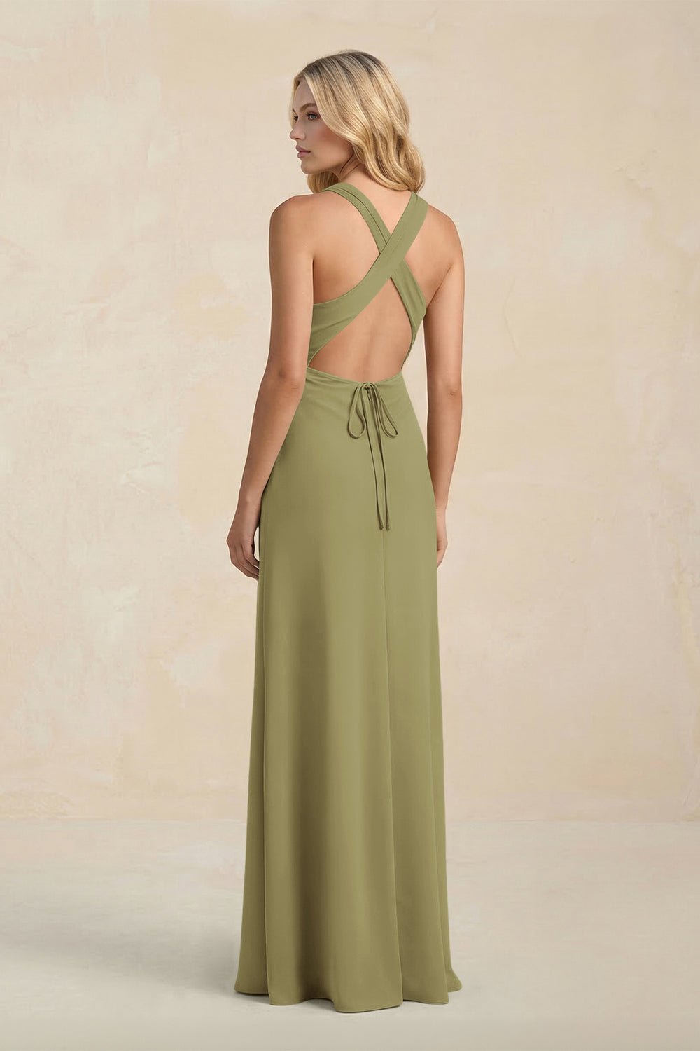 High Neck Sheath Chiffon Bridesmaid Dress in Moss Green