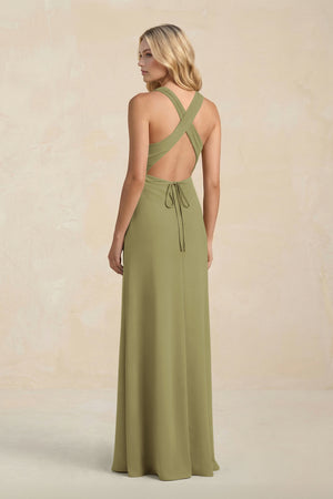 High Neck Sheath Chiffon Bridesmaid Dress in Moss Green (2) | KISSBRIDAL