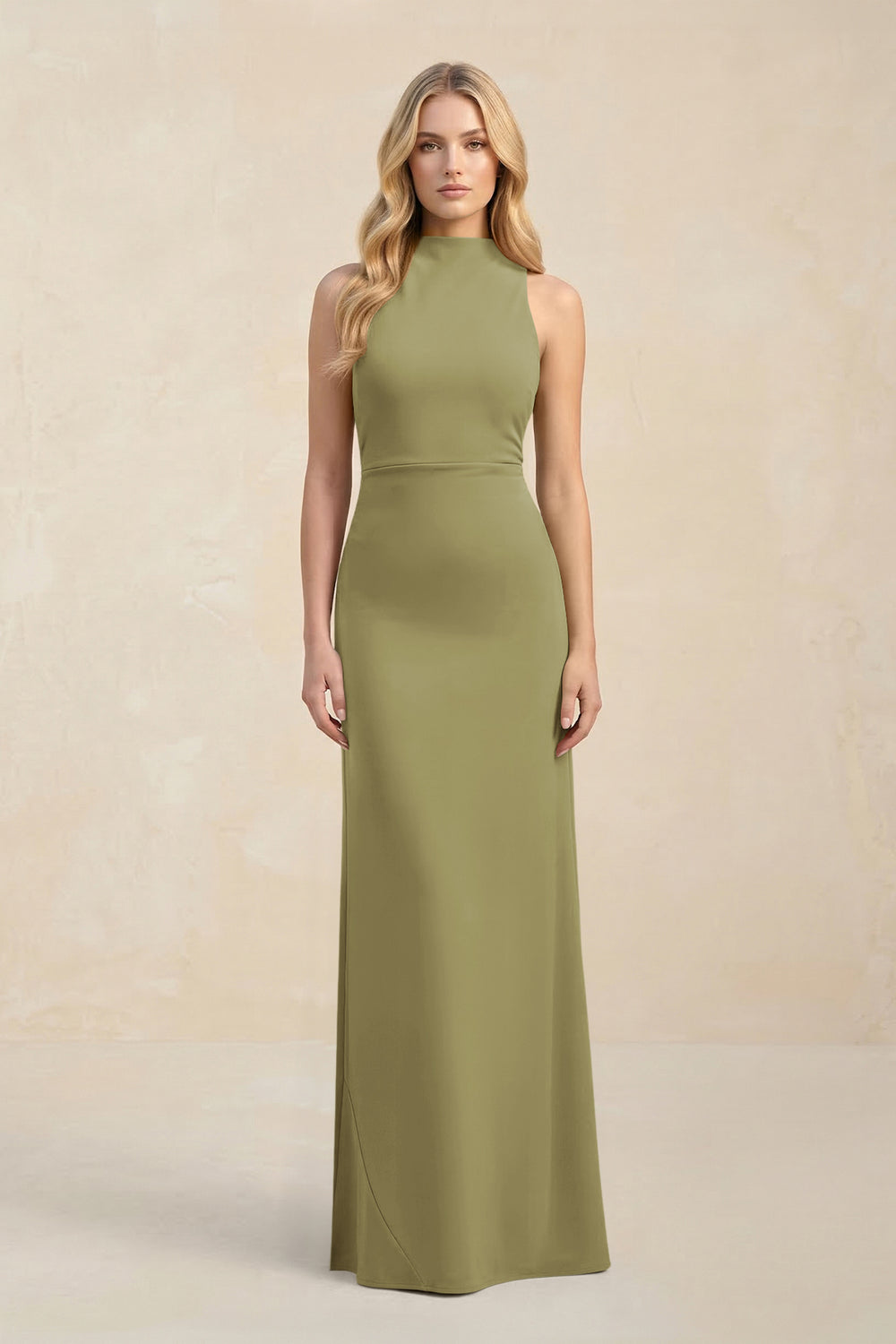 High Neck Sheath Chiffon Bridesmaid Dress in Moss Green