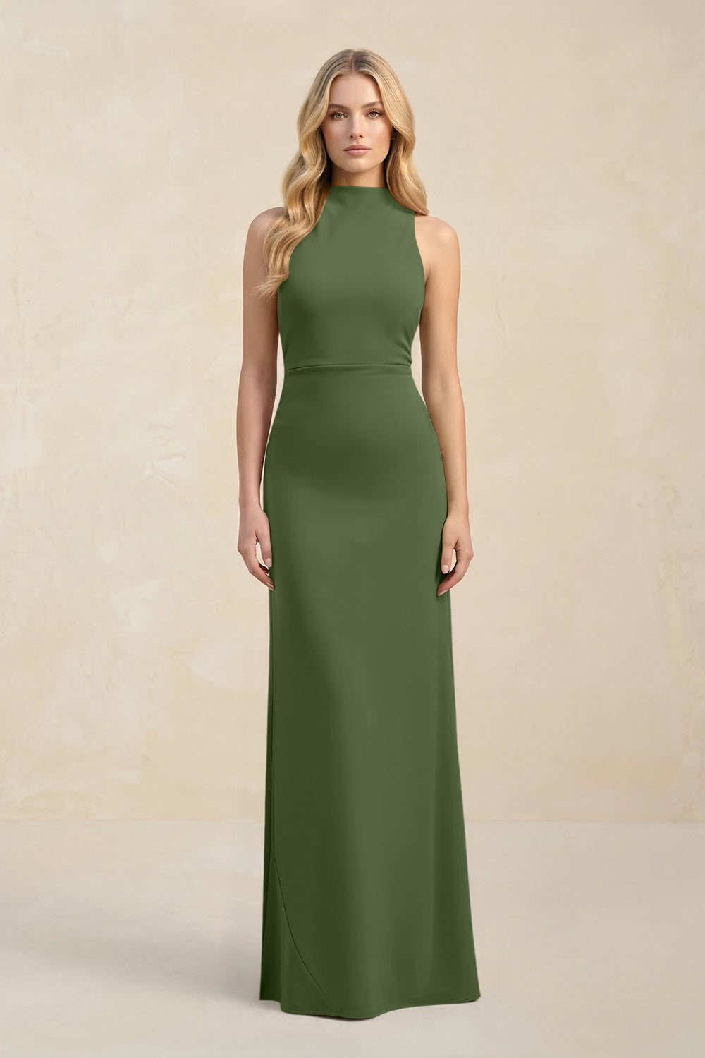 High Neck Sheath Chiffon Bridesmaid Dress in Moss