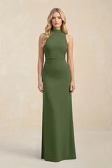 High Neck Sheath Chiffon Bridesmaid Dress in Moss | KISSBRIDAL