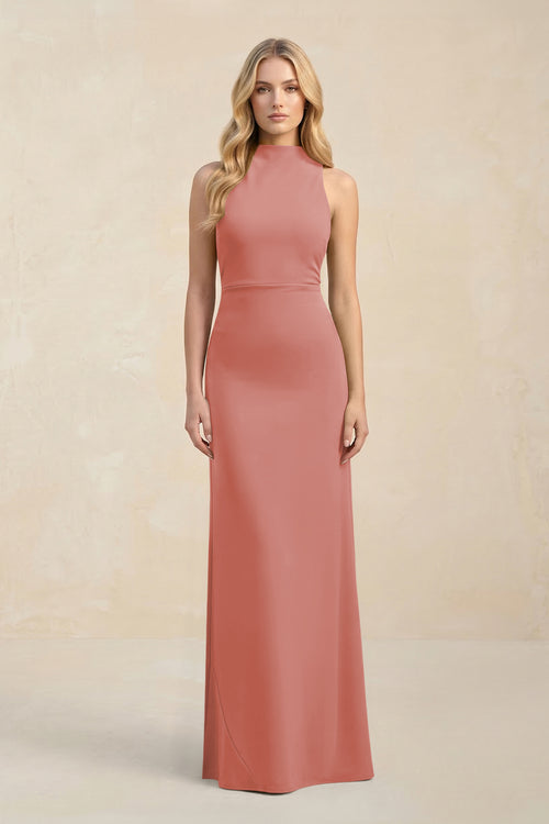 High Neck Sheath Chiffon Bridesmaid Dress in Mulberry | KISSBRIDAL