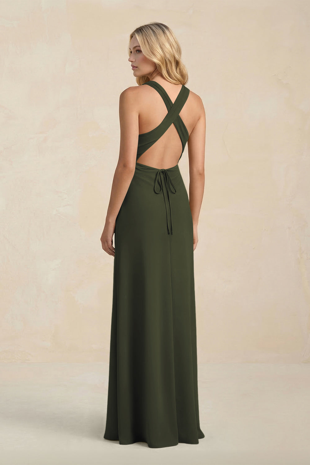 High Neck Sheath Chiffon Bridesmaid Dress in Olive