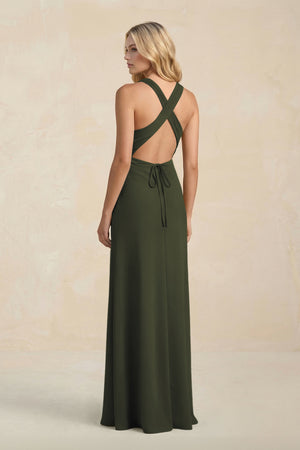 High Neck Sheath Chiffon Bridesmaid Dress in Olive (2) | KISSBRIDAL
