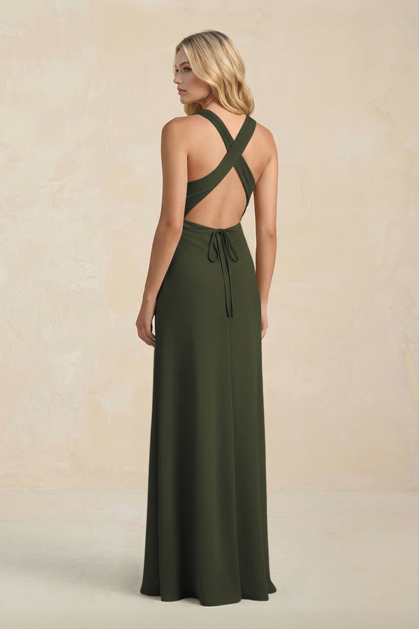 High Neck Sheath Chiffon Bridesmaid Dress in Olive (2) | KISSBRIDAL