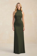 High Neck Sheath Chiffon Bridesmaid Dress in Olive | KISSBRIDAL