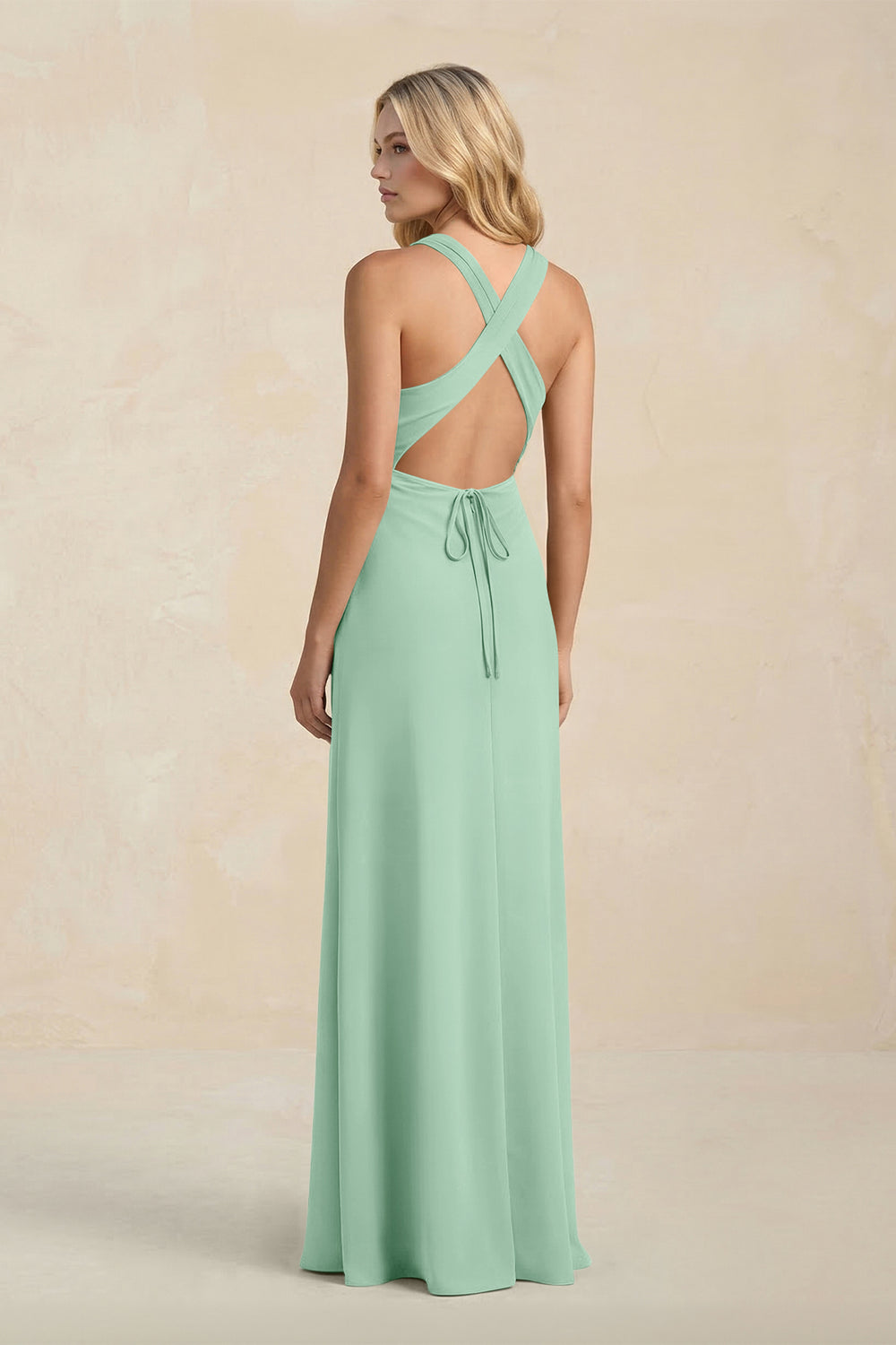 High Neck Sheath Chiffon Bridesmaid Dress in Pale Pistachio