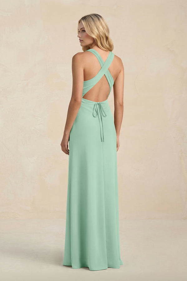 High Neck Sheath Chiffon Bridesmaid Dress in Pale Pistachio (2) | KISSBRIDAL