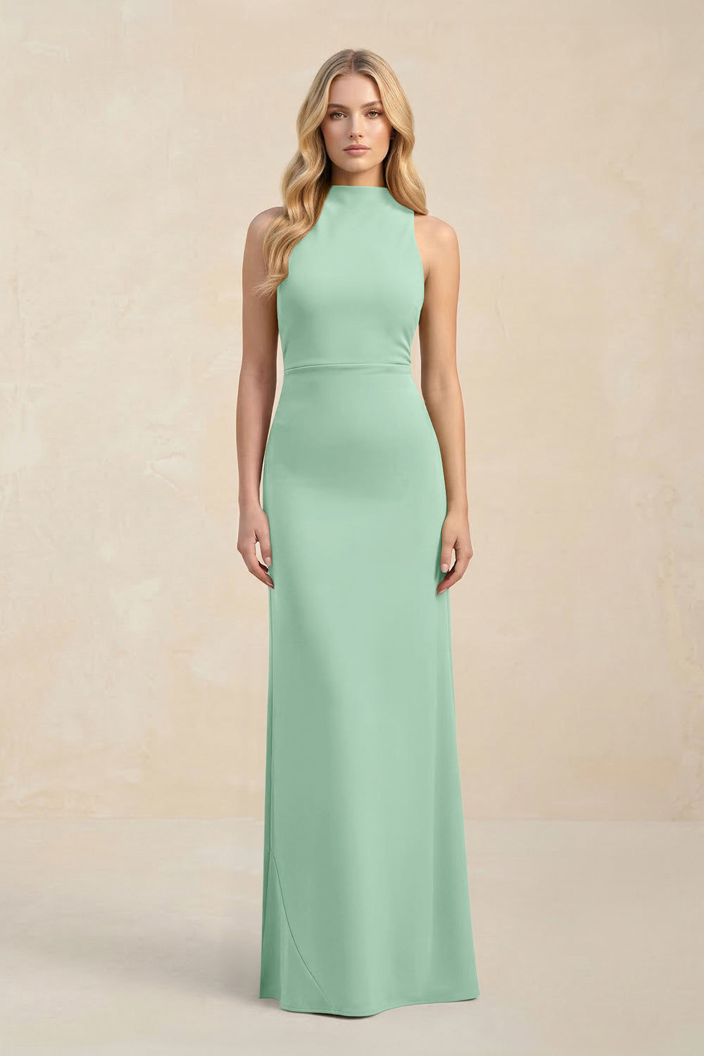 High Neck Sheath Chiffon Bridesmaid Dress in Pale Pistachio