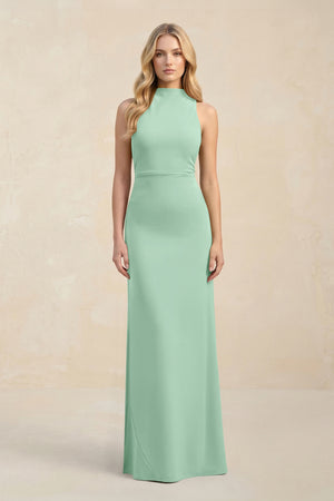 High Neck Sheath Chiffon Bridesmaid Dress in Pale Pistachio | KISSBRIDAL