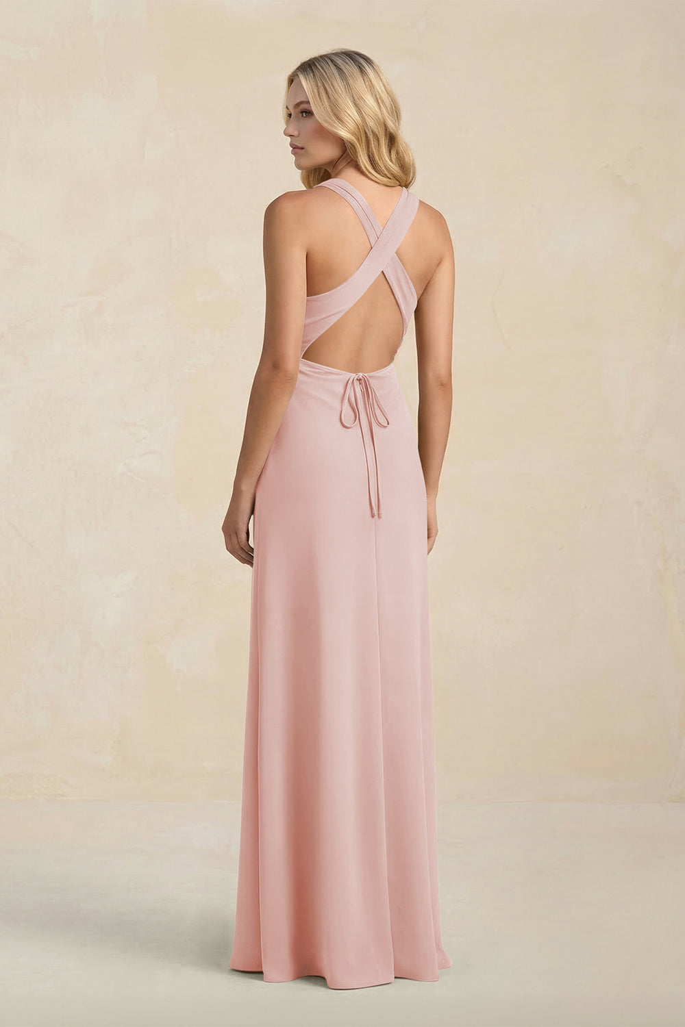 High Neck Sheath Chiffon Bridesmaid Dress in Rose Petal