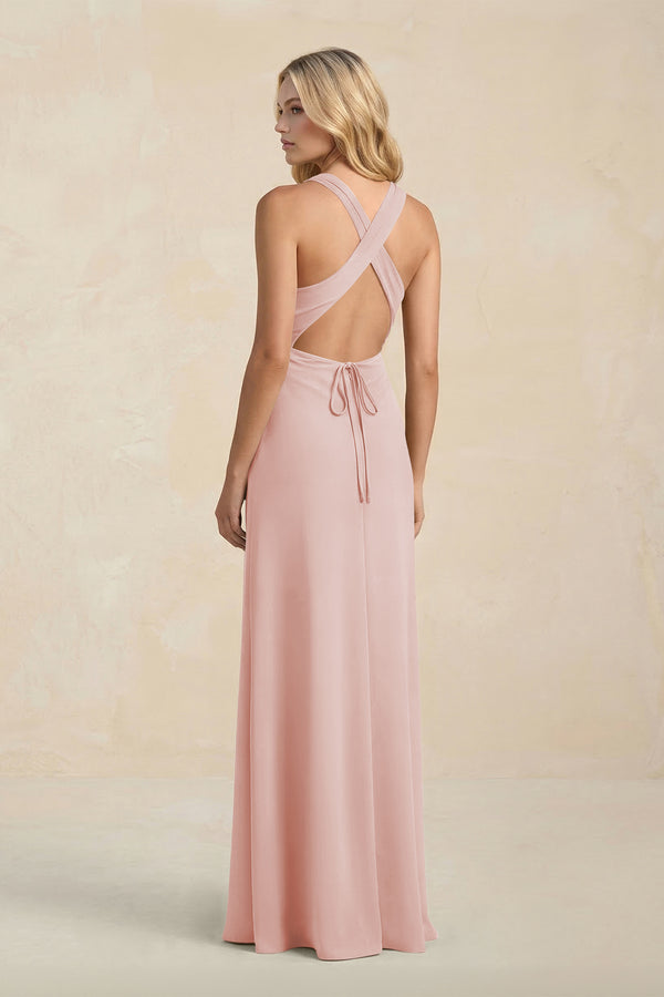 High Neck Sheath Chiffon Bridesmaid Dress in Rose Petal (2) | KISSBRIDAL