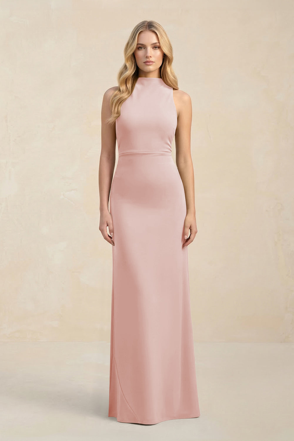 High Neck Sheath Chiffon Bridesmaid Dress in Rose Petal