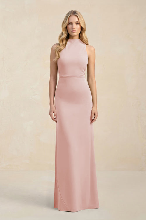 High Neck Sheath Chiffon Bridesmaid Dress in Rose Petal | KISSBRIDAL