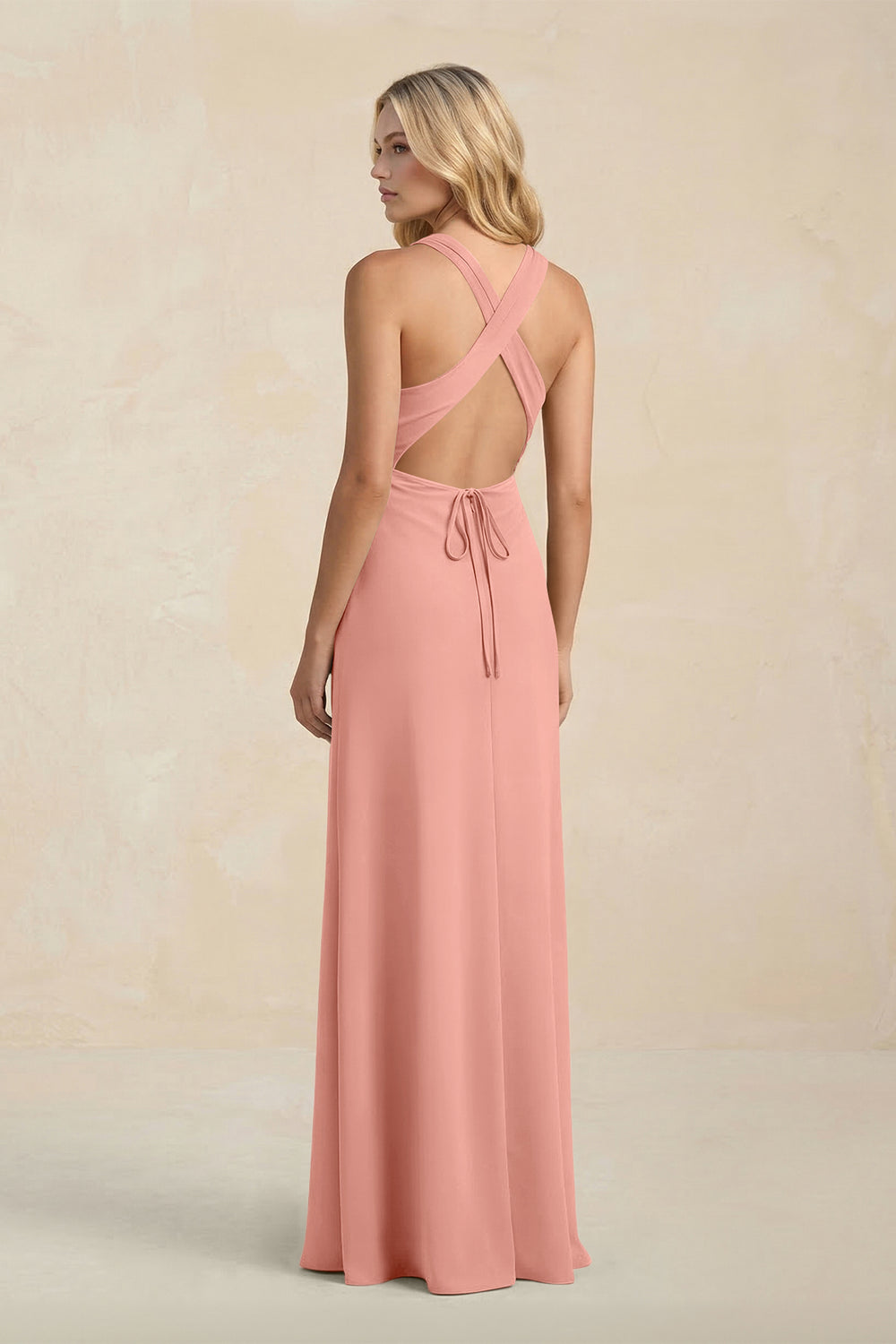 High Neck Sheath Chiffon Bridesmaid Dress in Rosette