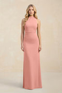 High Neck Sheath Chiffon Bridesmaid Dress in Rosette | KISSBRIDAL