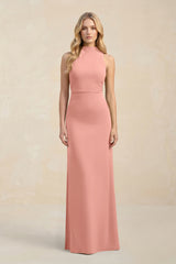 High Neck Sheath Chiffon Bridesmaid Dress in Rosette | KISSBRIDAL