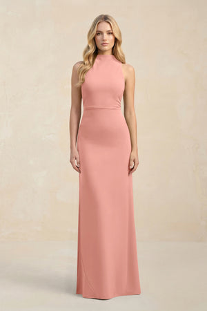 High Neck Sheath Chiffon Bridesmaid Dress in Rosette | KISSBRIDAL