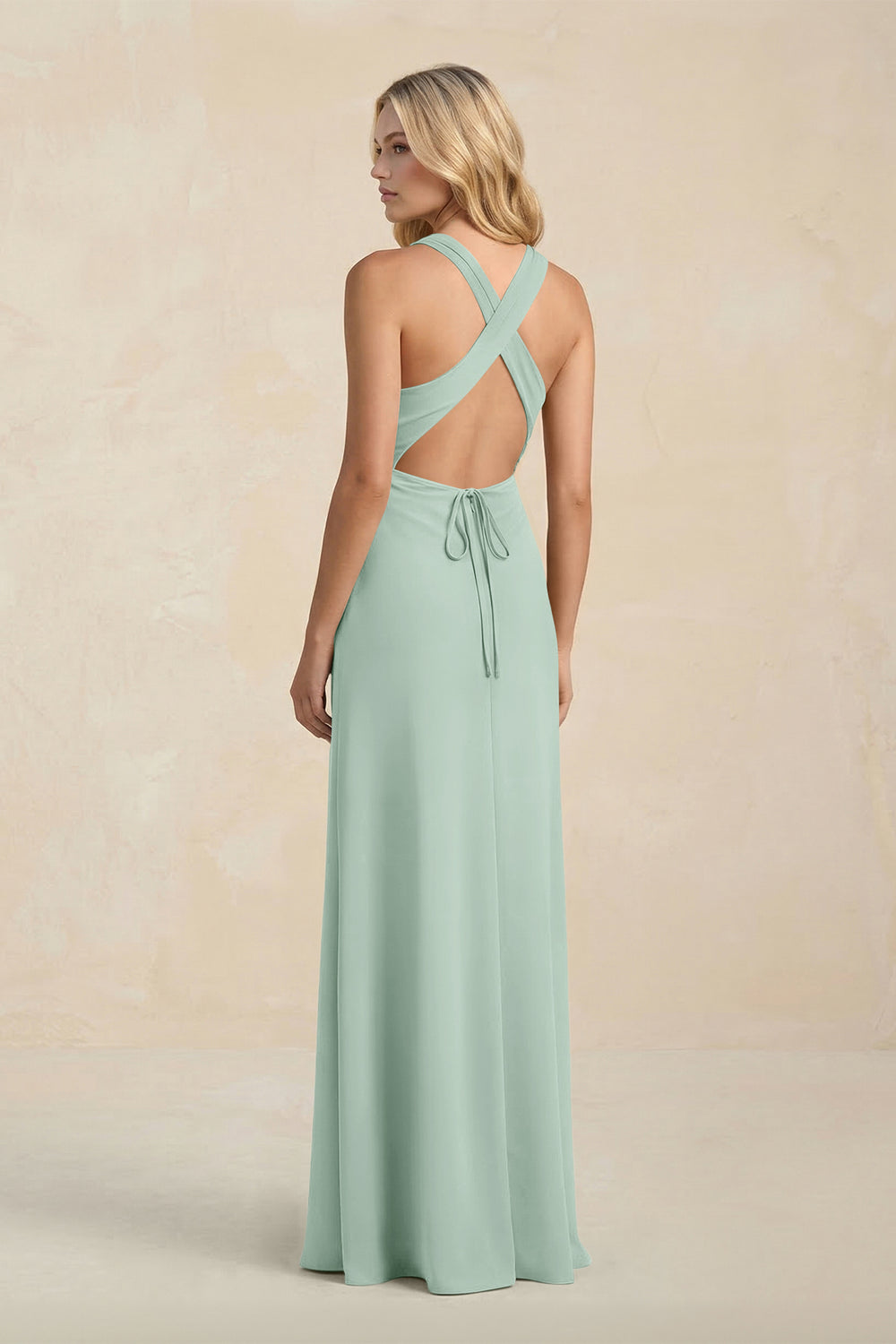 High Neck Sheath Chiffon Bridesmaid Dress in Sage