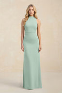 High Neck Sheath Chiffon Bridesmaid Dress in Sage | KISSBRIDAL