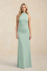 High Neck Sheath Chiffon Bridesmaid Dress in Sage | KISSBRIDAL