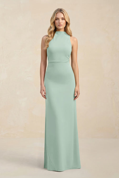 High Neck Sheath Chiffon Bridesmaid Dress in Sage | KISSBRIDAL