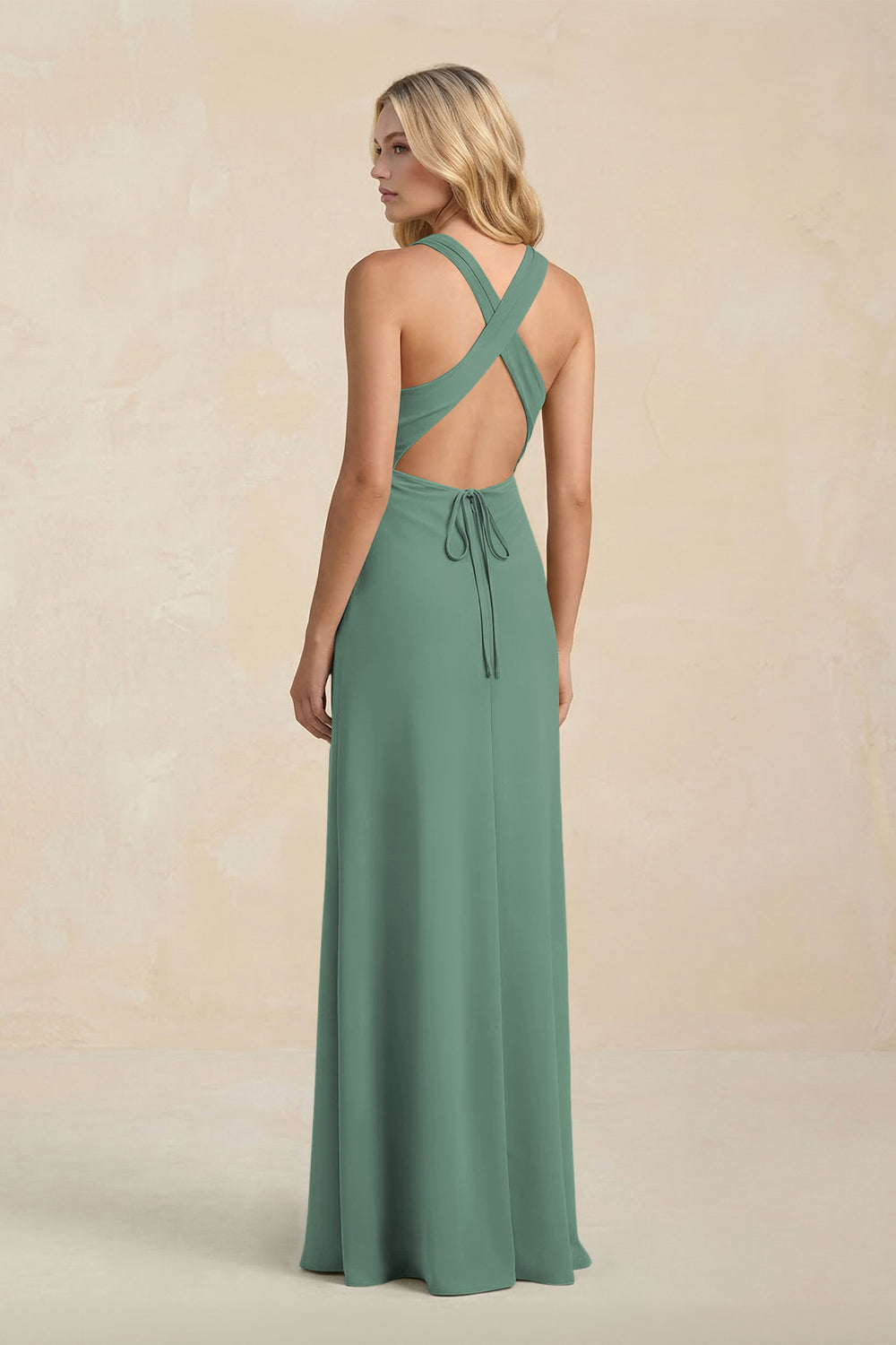 High Neck Sheath Chiffon Bridesmaid Dress in Sea Glass